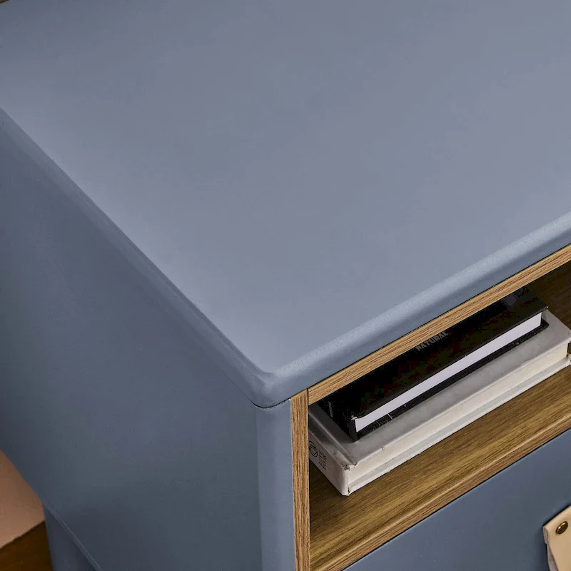 Nightstand - MDF & Solid Wood, 1 Drawer, Open Shelf, Leather Handles, 18.9W x 21.65H, Modern