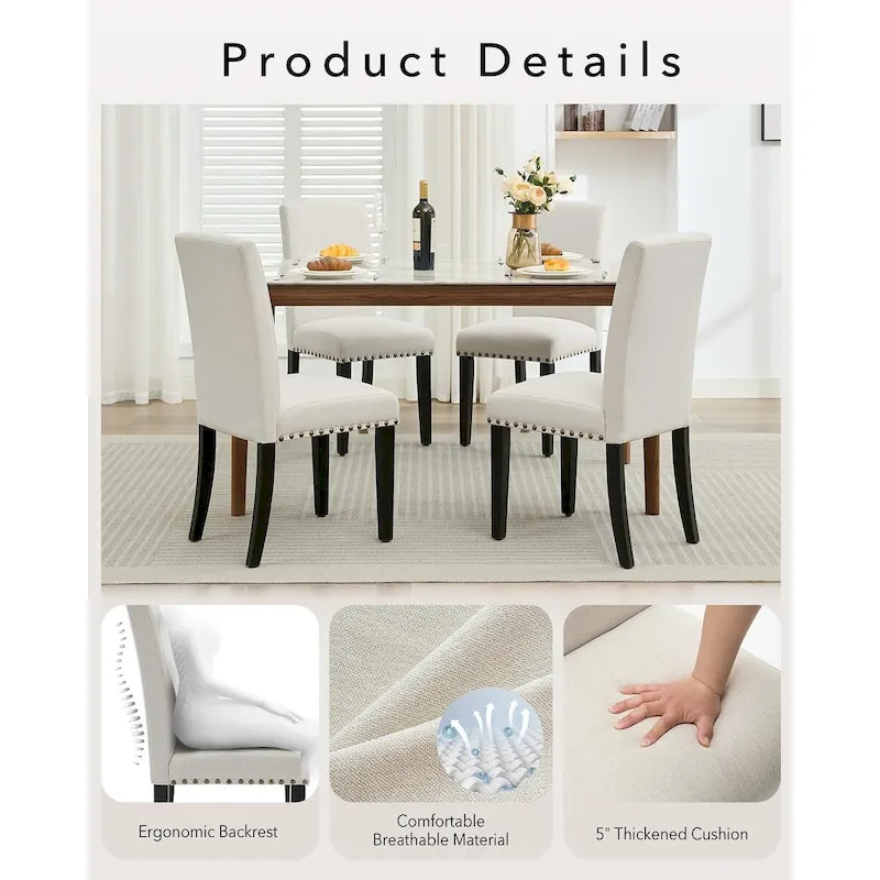 Modern Fabric Dining Chair Set of 4, Upholstered Kitchen Chair with Curved Backrest Wood Legs