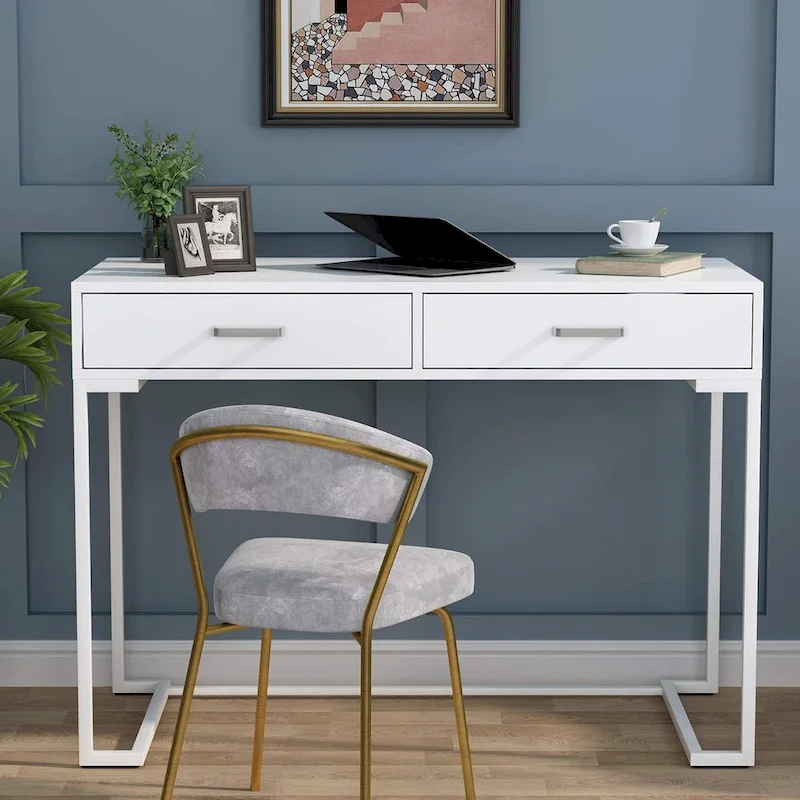 Small Desk with 2 Drawers, MDF Top & Gold Metal Frame, 39.37
