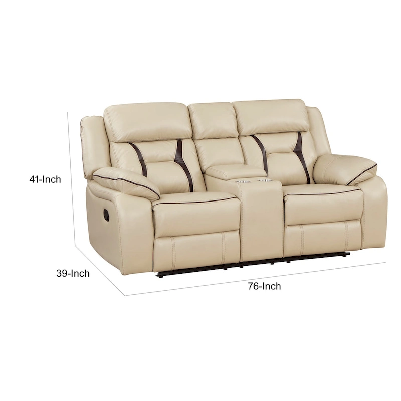 Millie 76 Inch Manual Dual Recliner Loveseat, Cupholder, Beige Faux Leather