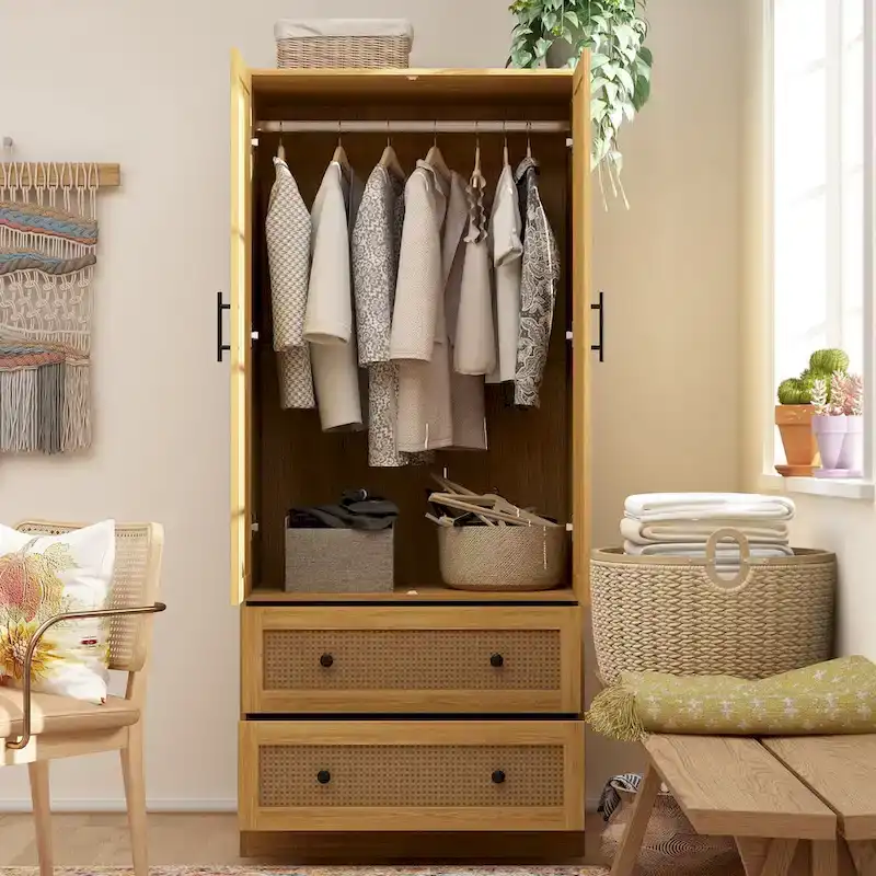 Modern Armoire Cabinet with Drawers - Wood Wardrobe Closet for Storage