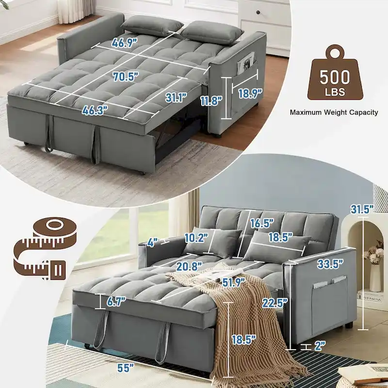 Convertible Sleeper Loveseat, 3-Position Backrest, Velvet, Foam, Side Pockets, USB, Seats 2/Twin Bed, Blue/Black/Grey