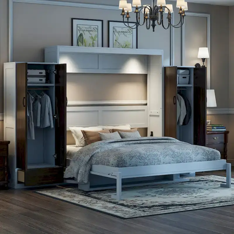 Queen Size Murphy Wall Bed with Wardrobe, Drawers and Fold-Down Desk