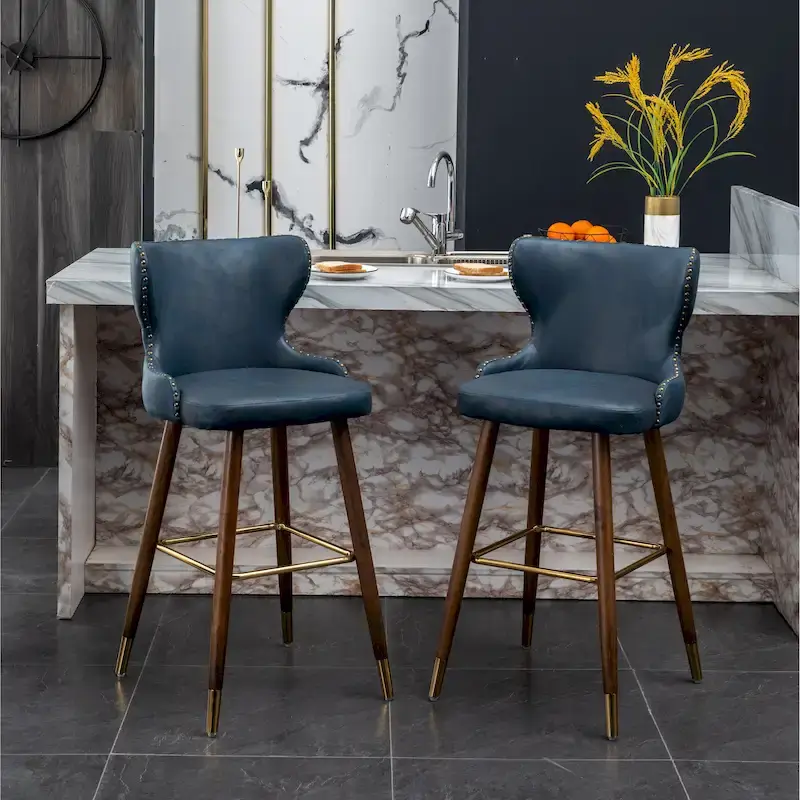 Nevis Mid-century Modern Faux Leather Tufted Nailhead Trim Barstool Set of 2