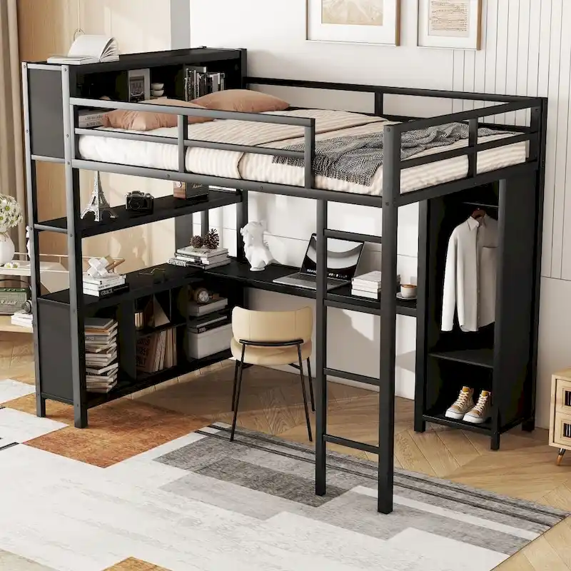 Metal Loft Bed with Wardrobe And L-Shaped Desk
