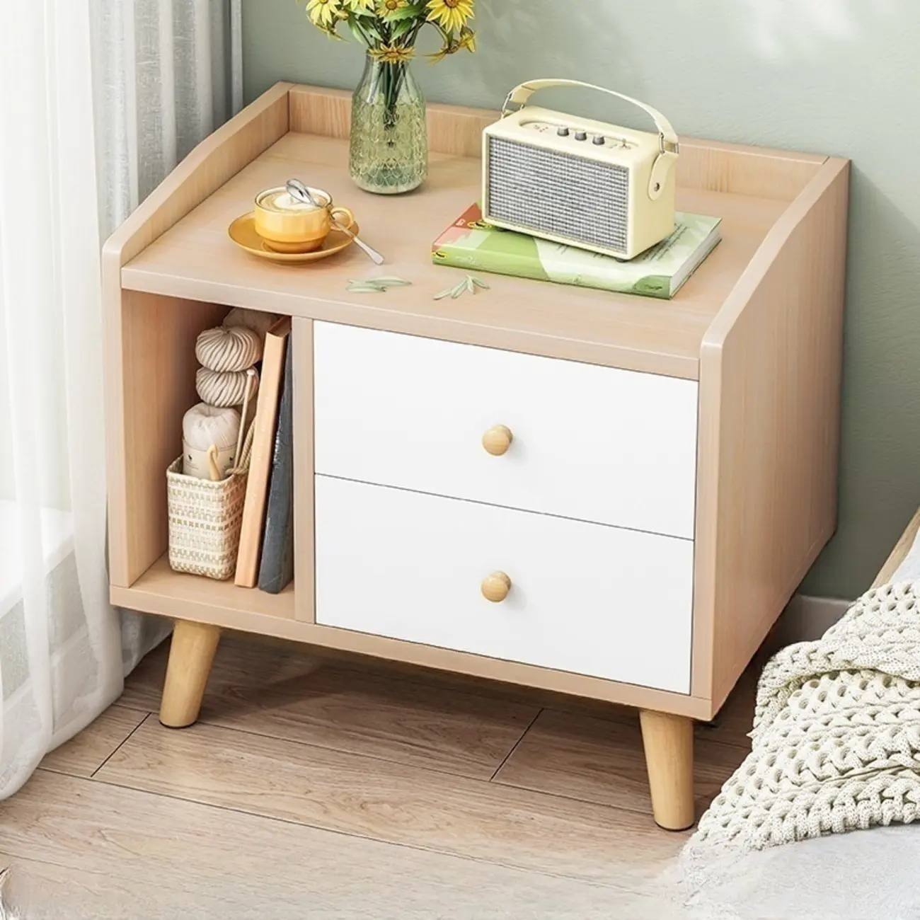 Modish Wooden Nightstand with Open Storage and Drawers