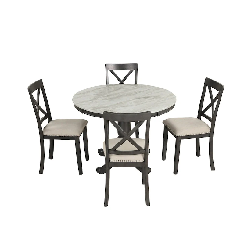 Modern Style Wooden 5-Piece Dining Set with Round Table amd 4 Upholstered Chairs