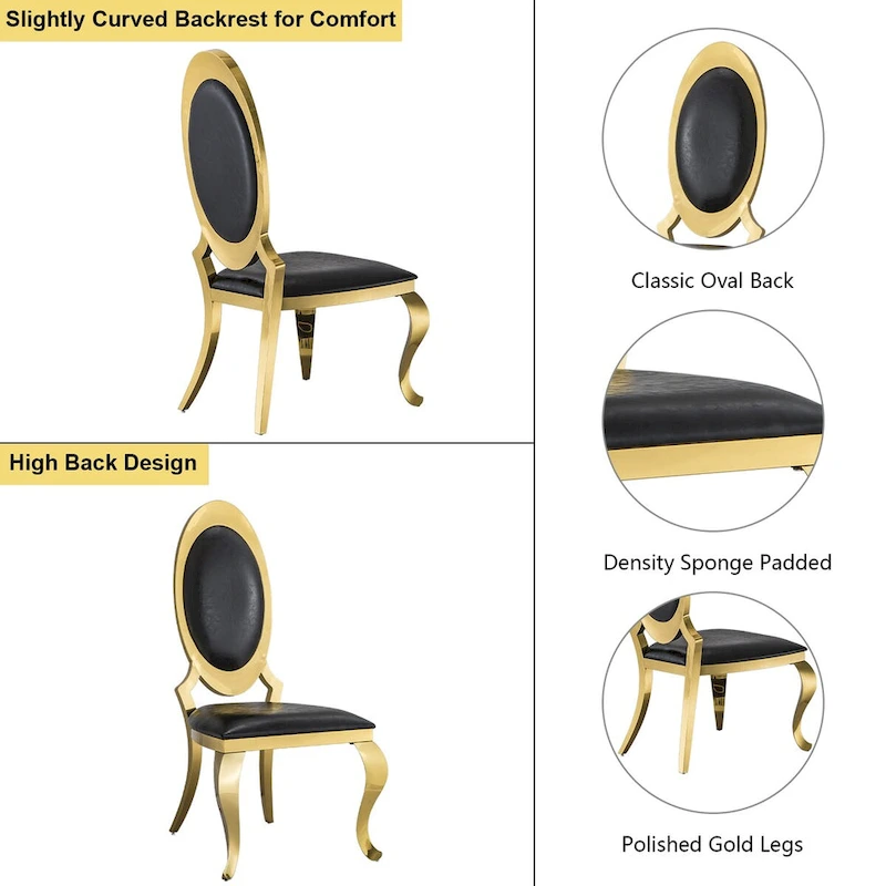 Luxury Black PU Leather Dining Chairs with Polished Gold Cabriole Legs