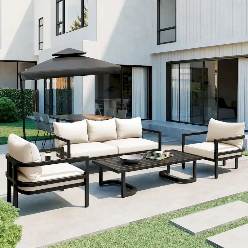4-Pieces U-Style Multi-Person Outdoor Steel Sofa Set, with Coffee Table and Cushion
