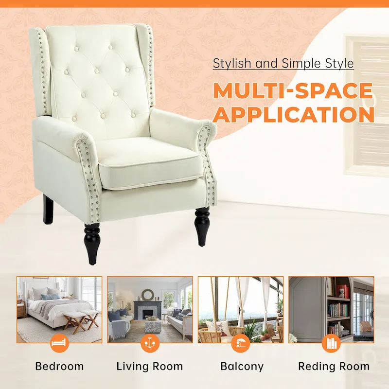 Mid-Century Velvet/Leather Upholstered Tufted Wood Frame Armchair