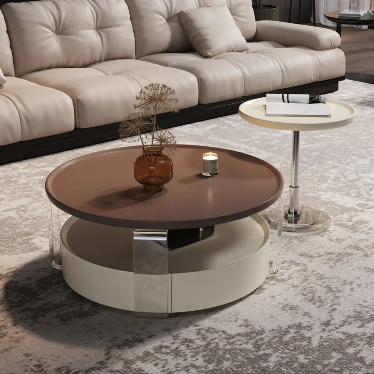 Brown Round Sleek Wooden Coffee Drawer Table