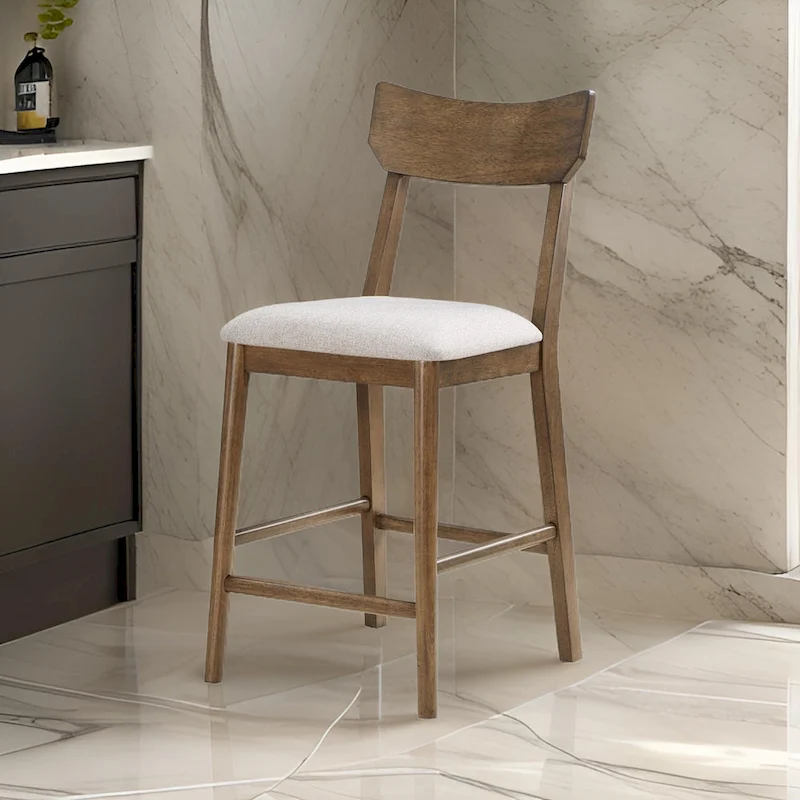 24 Inch Counter Height Chair, Set of 2, Seat Cushions, Beige Fabric, Brown