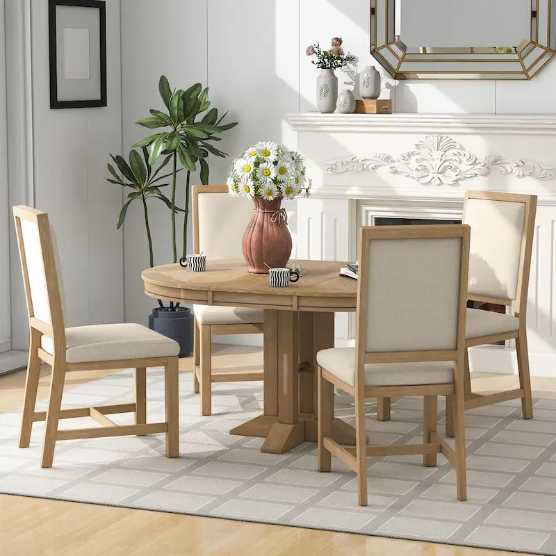 5-Piece Wooden Dining Table Set with Extendable Round Table & 4 Chairs