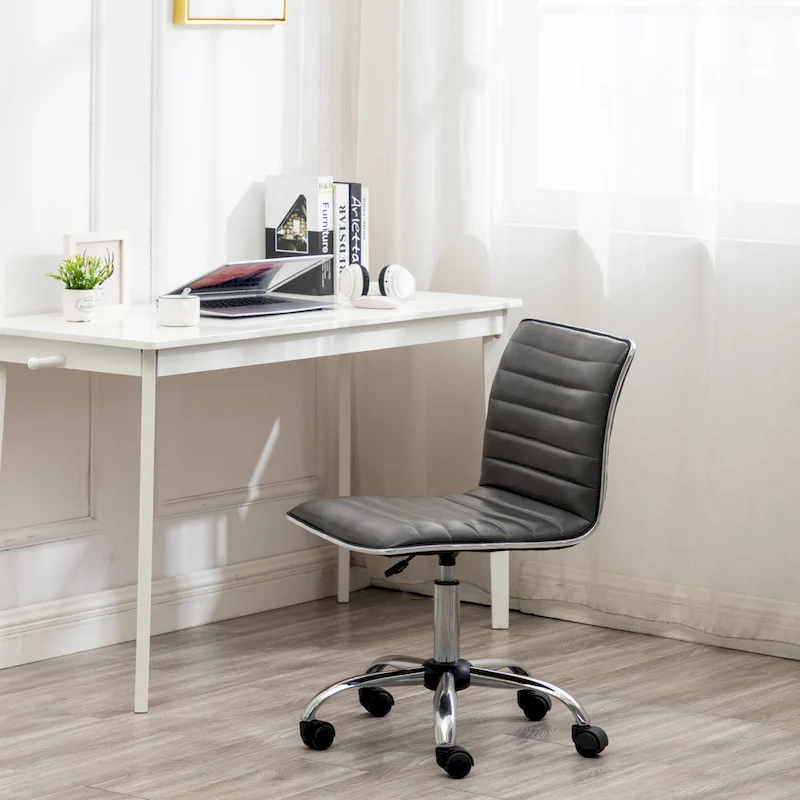 Swivel Mid Back Armless Ribbed Designer Task Chair Faux Leather Soft Upholstery Office Chair Gray
