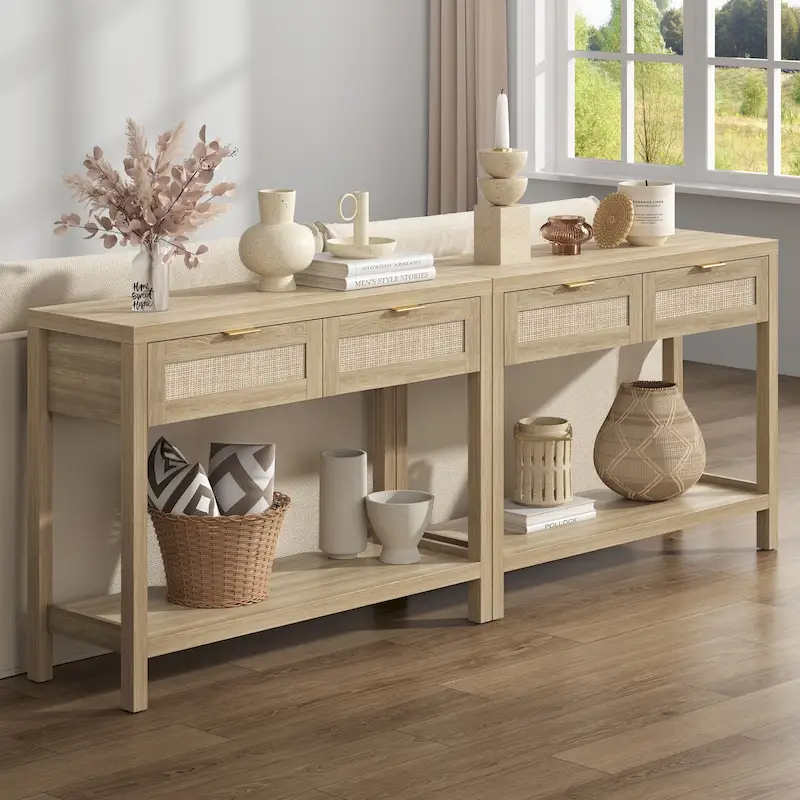SICOTAS Rattan Console Table with 2 Drawers and Shelves - 30 x 39.4 x 13.8