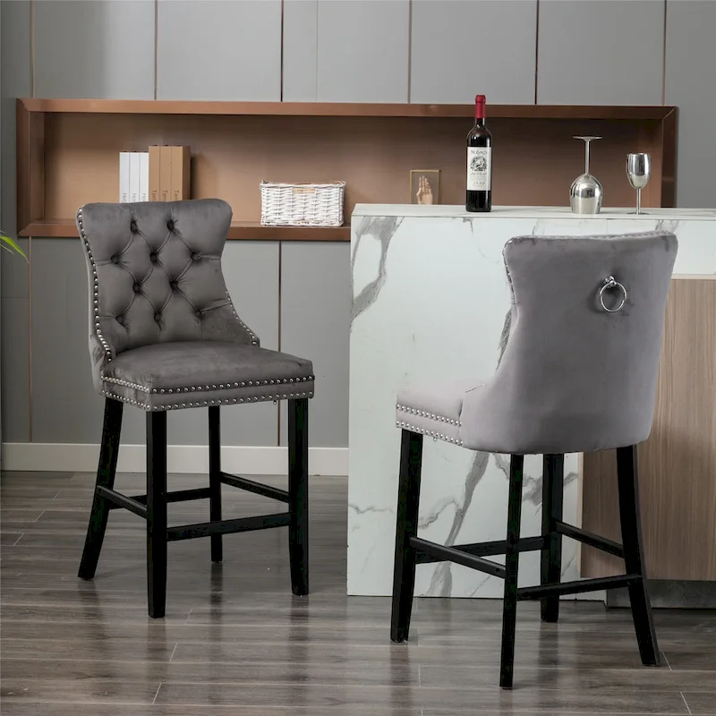 Contemporary Velvet Upholstered Barstools with Button Tufted Decoration and Wooden Legs,Set of 2