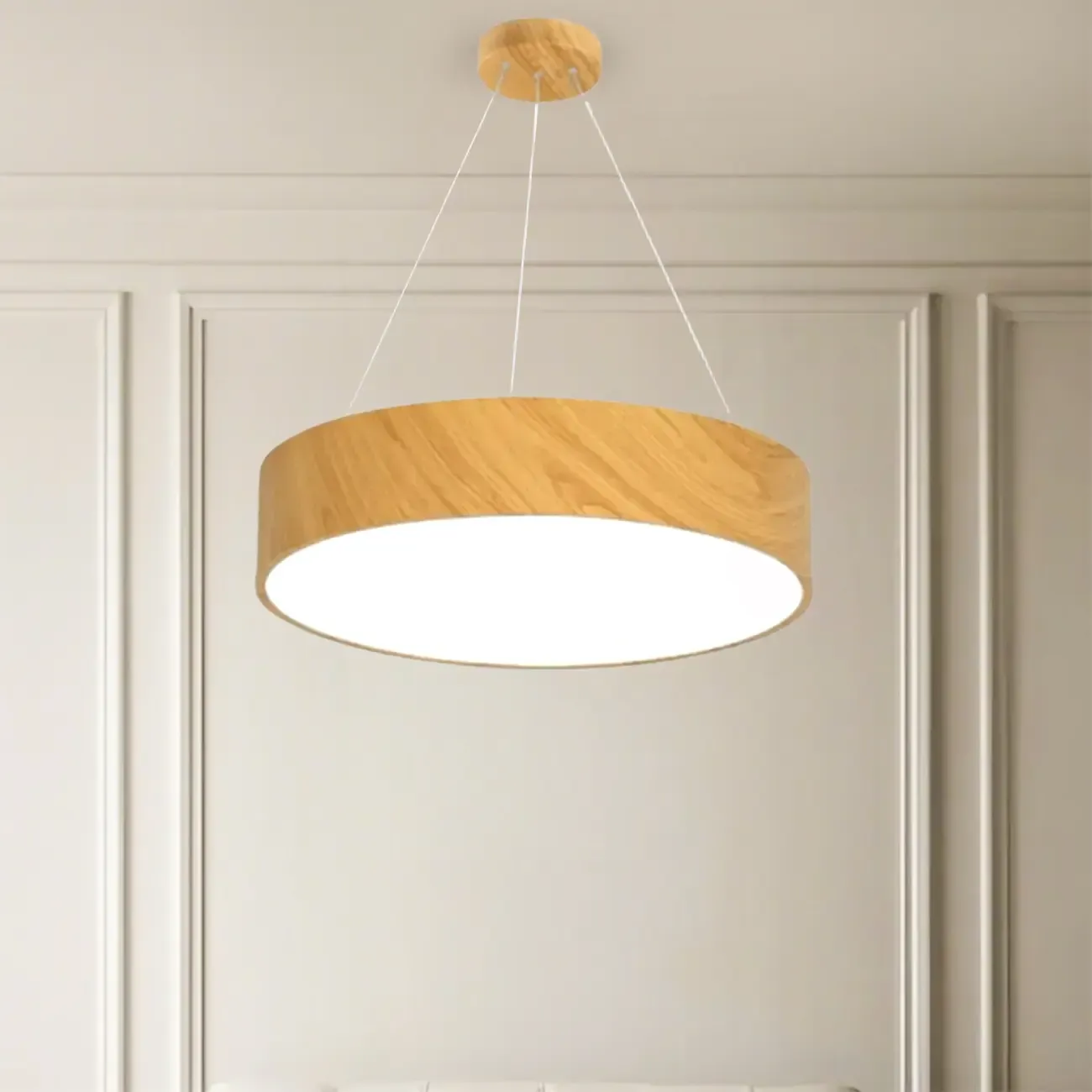 Modern Circular Wood LED Chandelier with Adjustable Height
