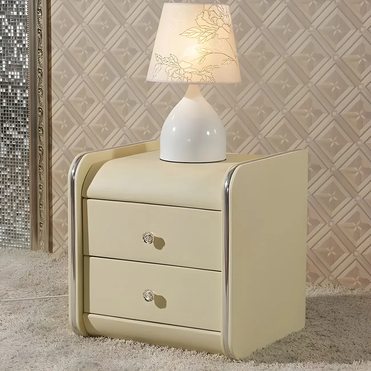 Luxurious Glossy Leather Wooden 2 Drawer Black Nightstand