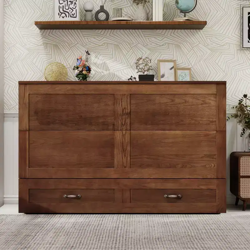 Keloyid Haimyy Solid Wood Frame Queen Murphy Bed Chest with Built-in Charger and Strong Drawer