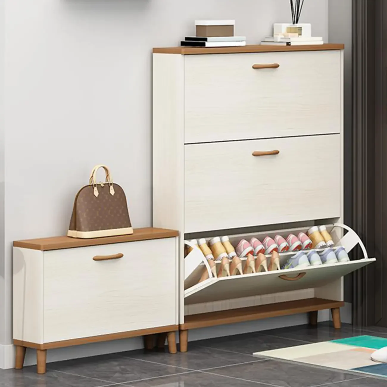 Narrow Beige Solid Wood Drop Front Shoe Cabinet