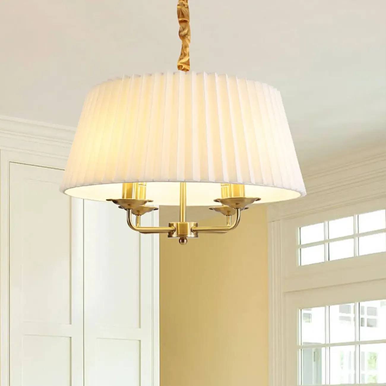 Modern Gold White Pleated Drum Chandelier Adjustable Height