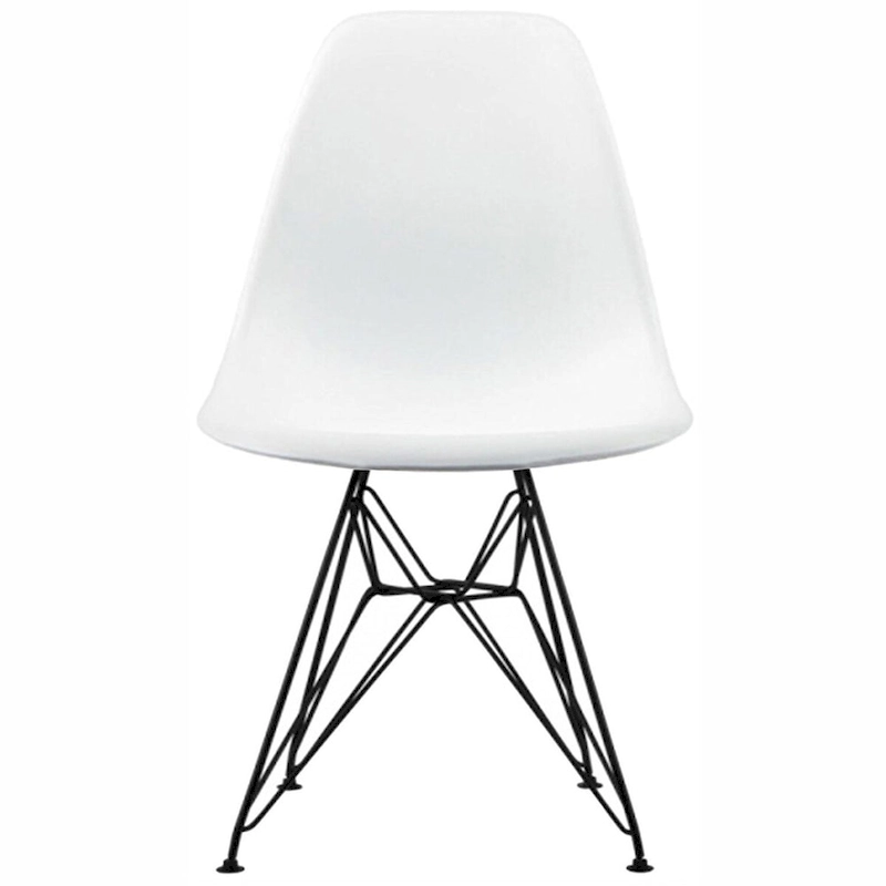 Set of 2 Mid-Century Modern Dining Side Chairs Armless Plastic Shell Seat with Black Metal Wire Eiffel Base, White