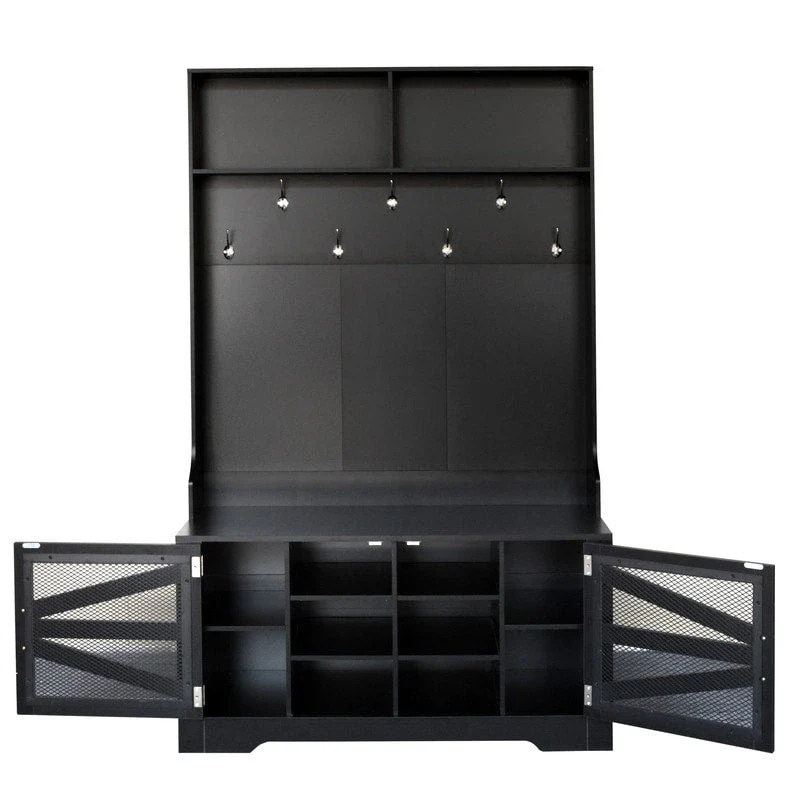 Wide Hall Tree with 10 Shoe Cubbies & 7 Coat Hooks, 43 W Coat Rack with Entryway Bench, 3-in-1 Design and Adjustable Shelves