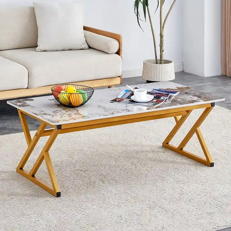 47 Modern Rectangular Coffee Table with Sintered Stone Tabletop and X-shaped Metal Legs