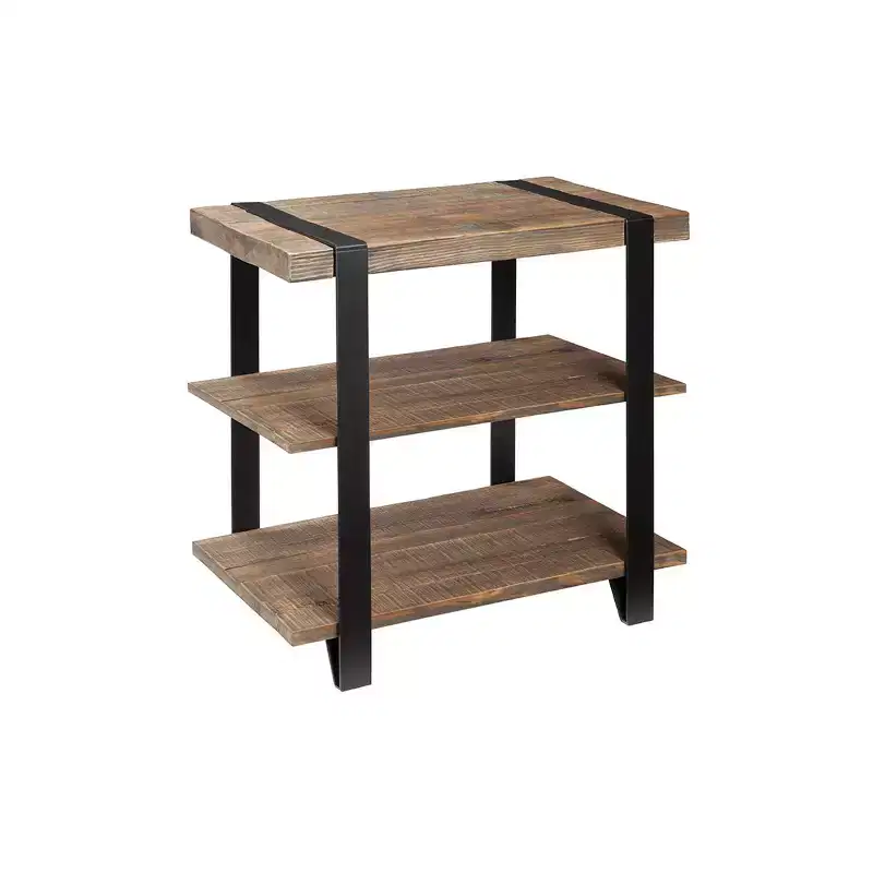27" Modesto Wide 2 Shelf End Table with Metal Strap, Wood - Alaterre Furniture: Rustic Industrial Design, Black Frame