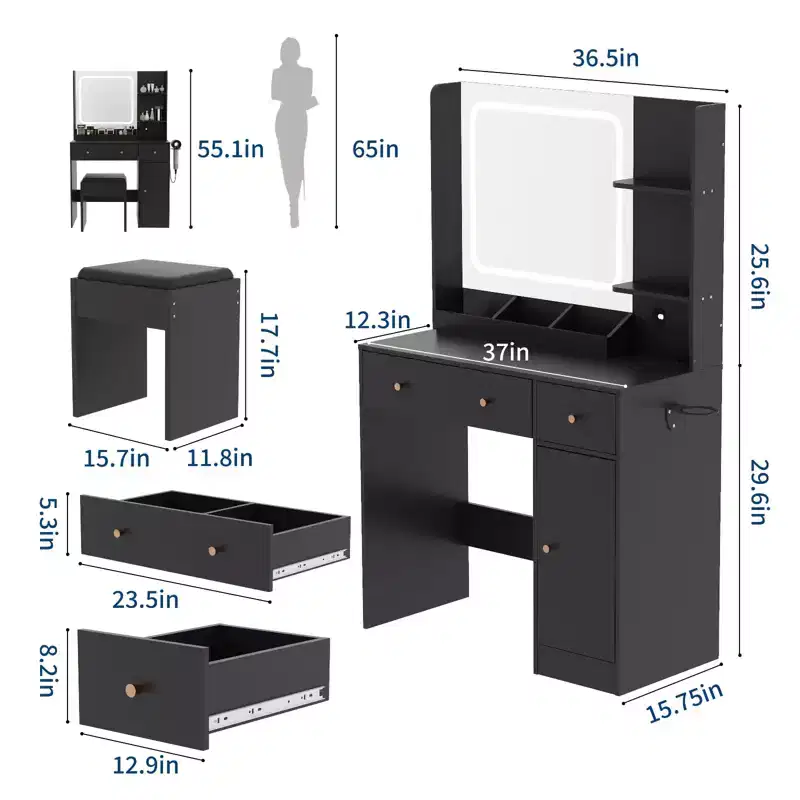 Vanity Desk with Mirror and Lights, Makeup Vanity with 3 Color Options and 4 Open Shelves, Vanity Table with 2 Storage Drawers, Dressing Table