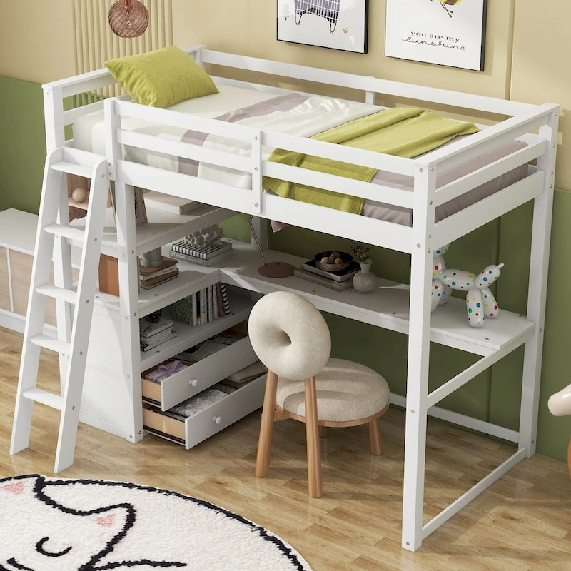 Loft Bed with Desk and Shelves, Two Built-in Drawers