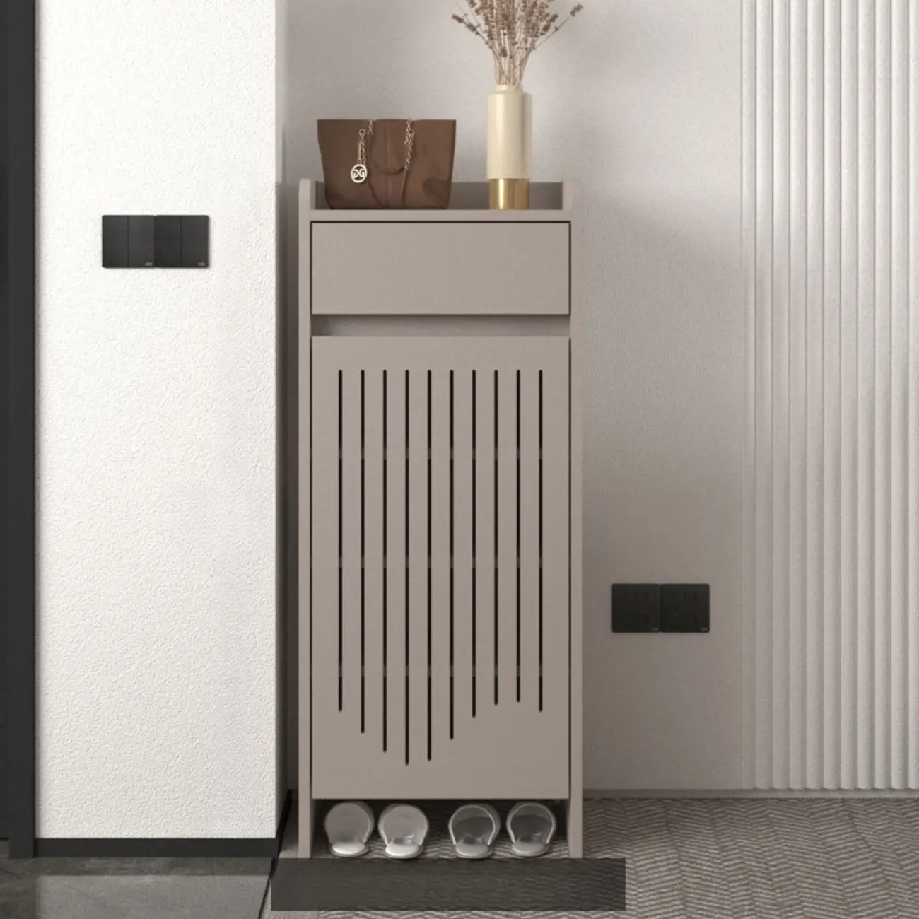 Modern Slim Wood Beige Entryway Shoe Cabinet