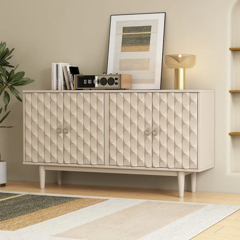 4-Door Sideboard - Convex Geometric Pattern - Silver Handles - MDF
