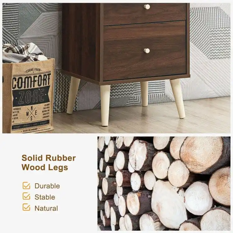 2-Drawer Nightstand Beside End Side Table with Rubber Legs-Walnut - 18 x 16 x 24.5 (L x W x H)