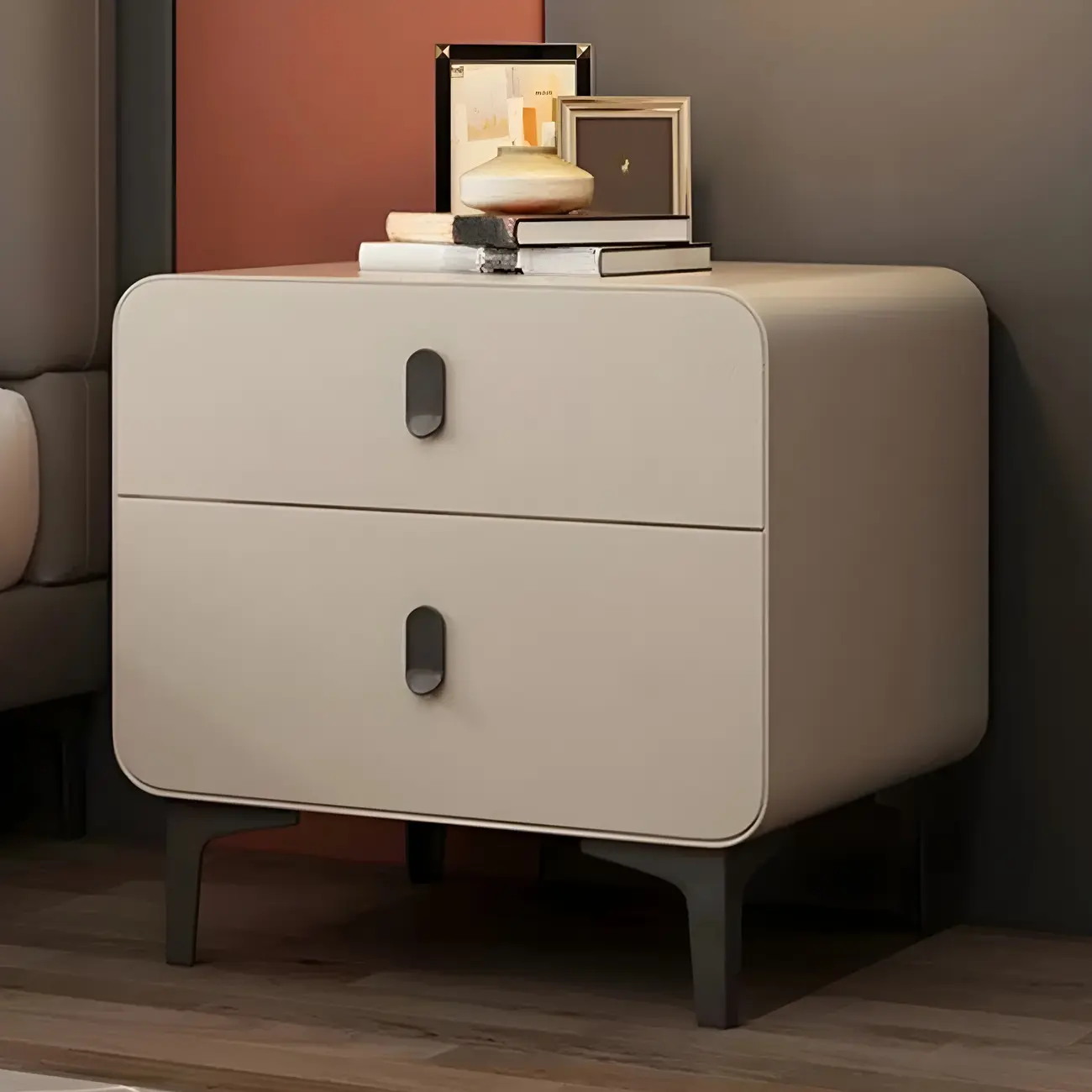 Freestanding Leather Arched Edge White Nightstand with Drawers