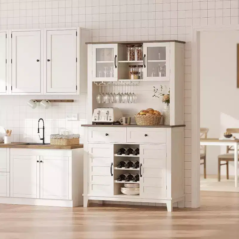 Acekool 72 Tall Kitchen Pantry Cabinet with Hutch, 4 Doors, 2 Drawers, Wine & Glass Rack, Adjustable Shelves, Large Buffet Storage,White