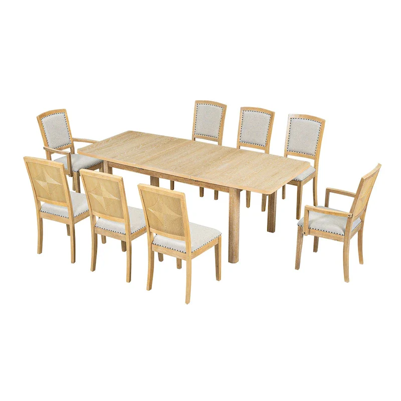 Rustic Extendable Dining Table Set with 24inch Removable Leaf, 6 Upholstered Armless Dining Chairs and 2 Padded Arm Chairs