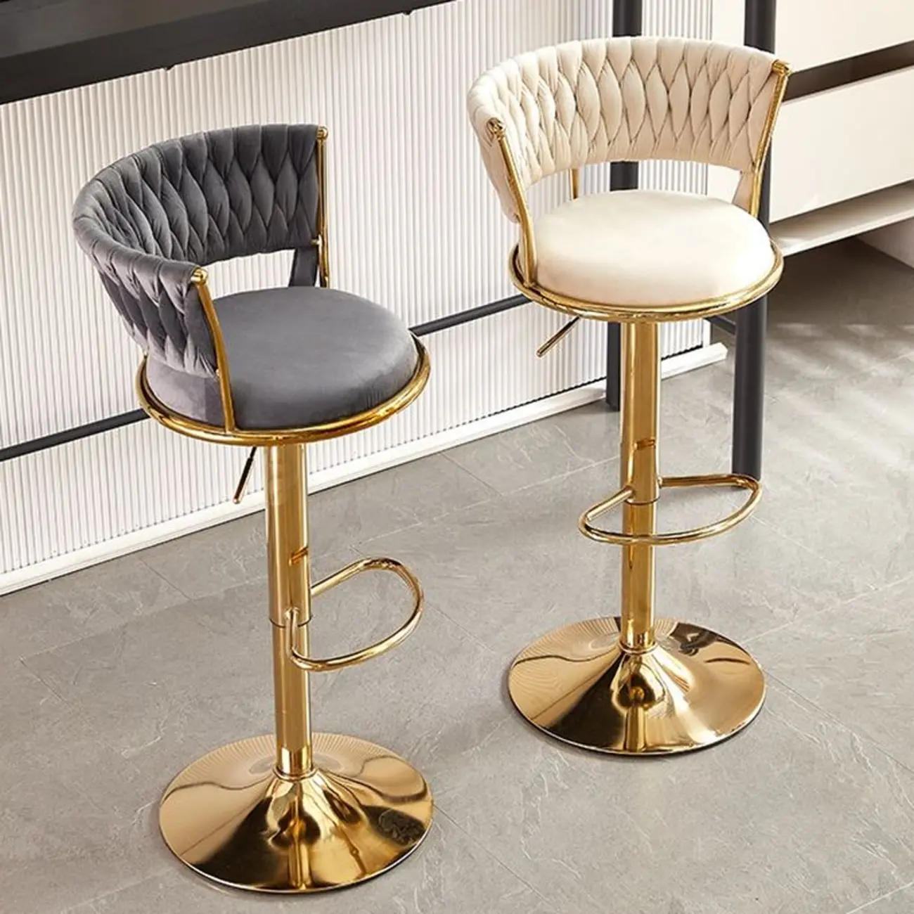 Adjustable Flannel Curved Back Bar Stools with Gold Base