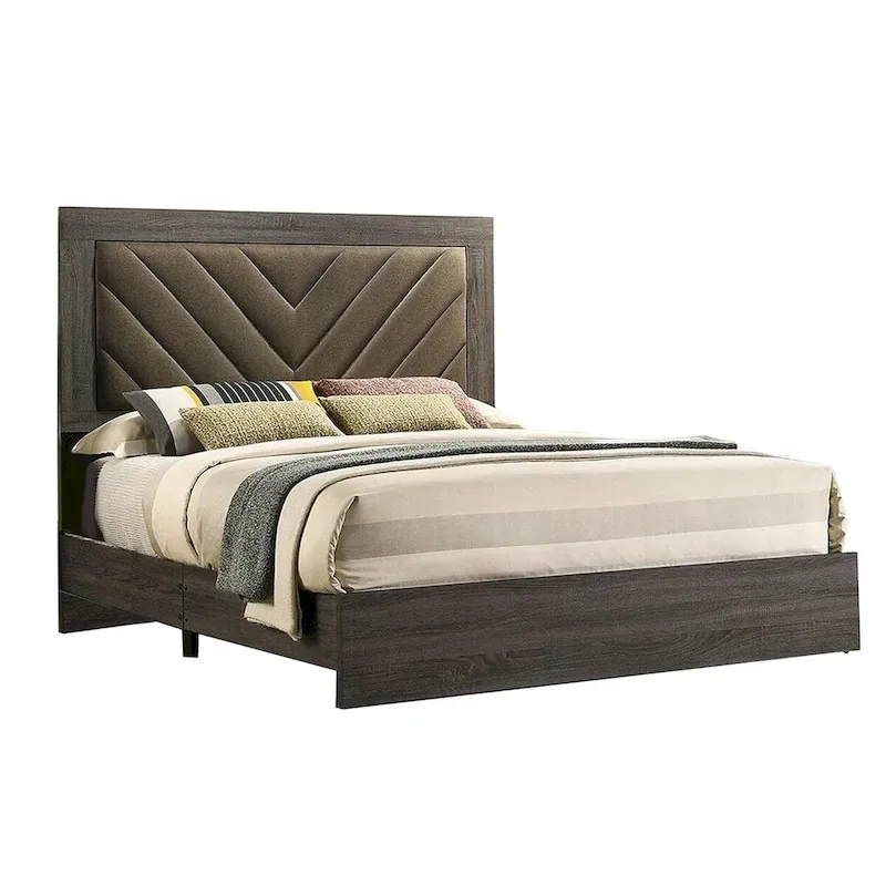 Wooden California King Bed with High Upholstered Headboard