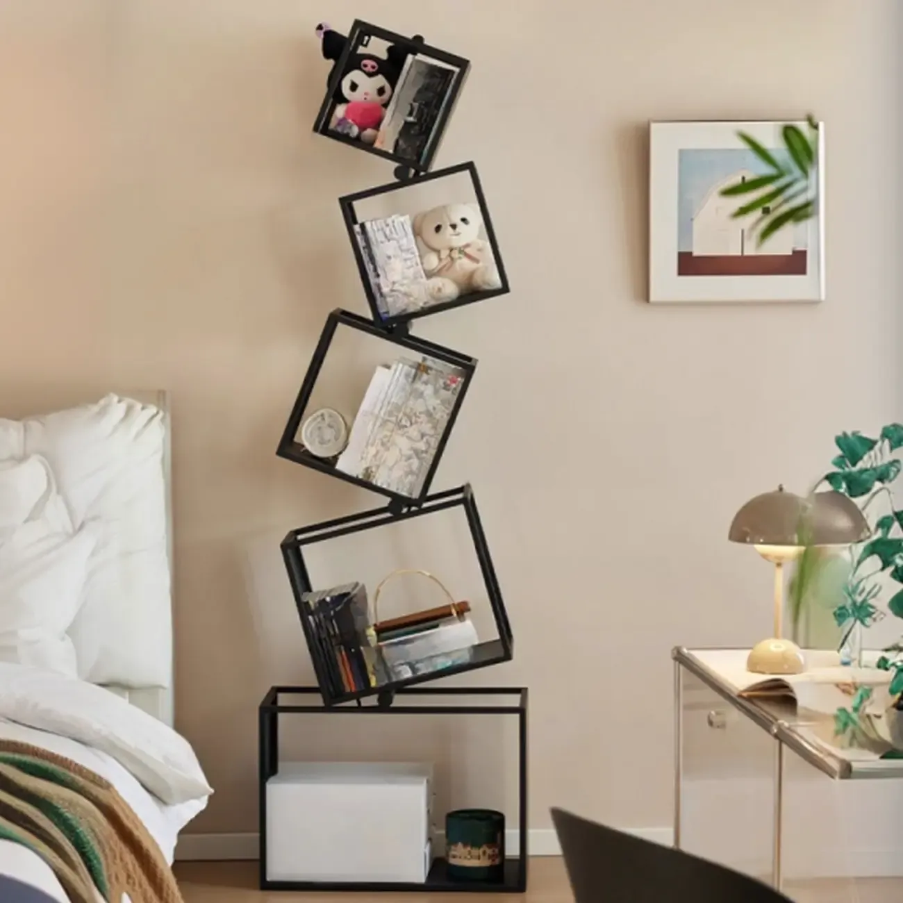 73H Black Metal Geometric Open Cube Bookcase