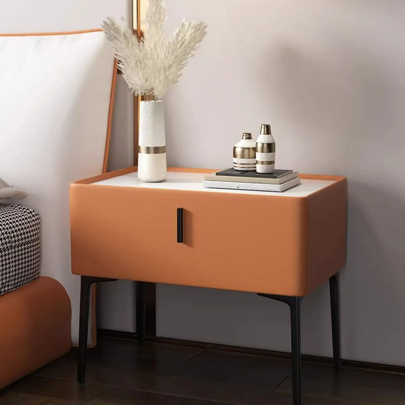 Modern 1 Tier Drawer Nightstand with Faux Marble Countertop