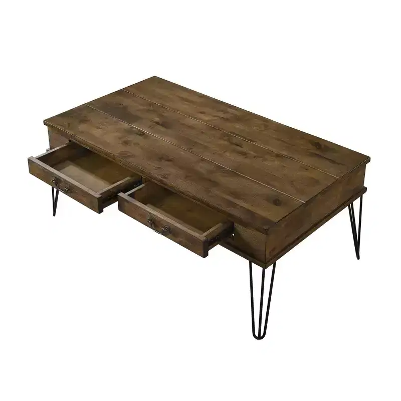 2 Drawer Coffee Table Rustic Oak: Antique Hardware, Farmhouse Style, Metal Hairpin Legs