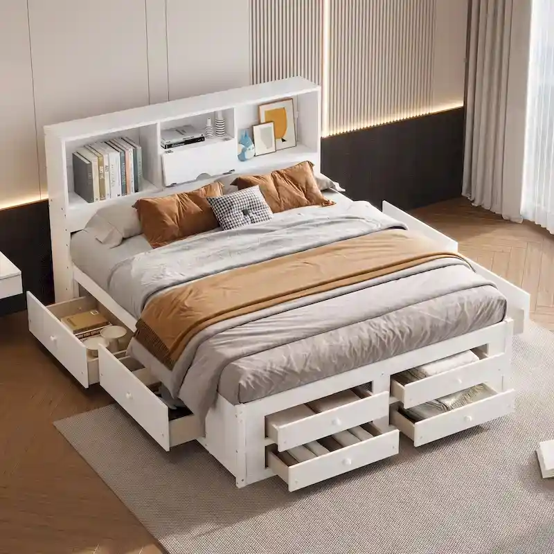 Platform Bed with Storage Headboard and 8 Drawers