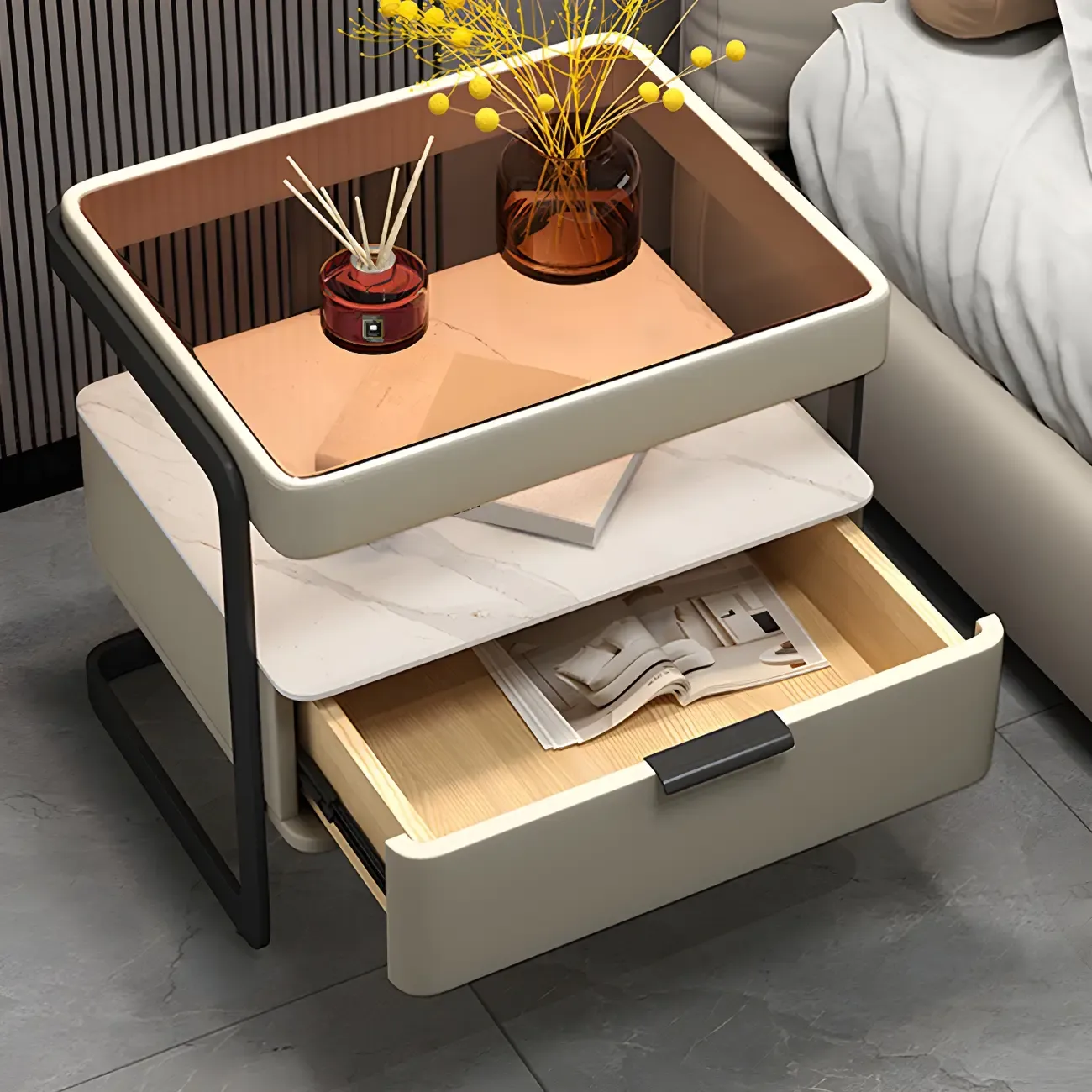 Modern Wood Nightstand with Glass Countertop and Drawer