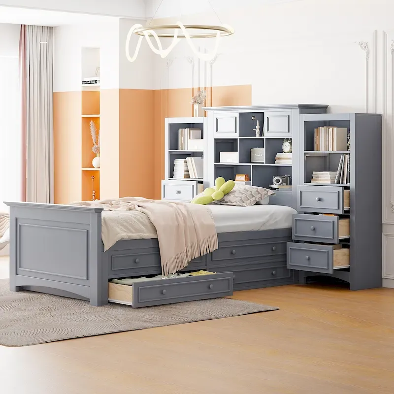 Twin Size Wood Platform Bed Frame with Vertical All-in-One Cabinet and 4 Drawers on each side
