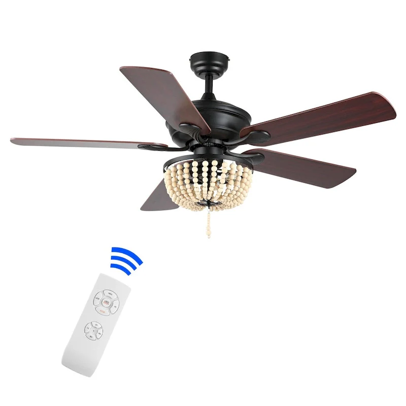 Quinn 52  3-Light Rustic Farmhouse Iron/Wood Bead Mobile-App/Remote-Controlled LED Ceiling Fan, by JONATHAN Y