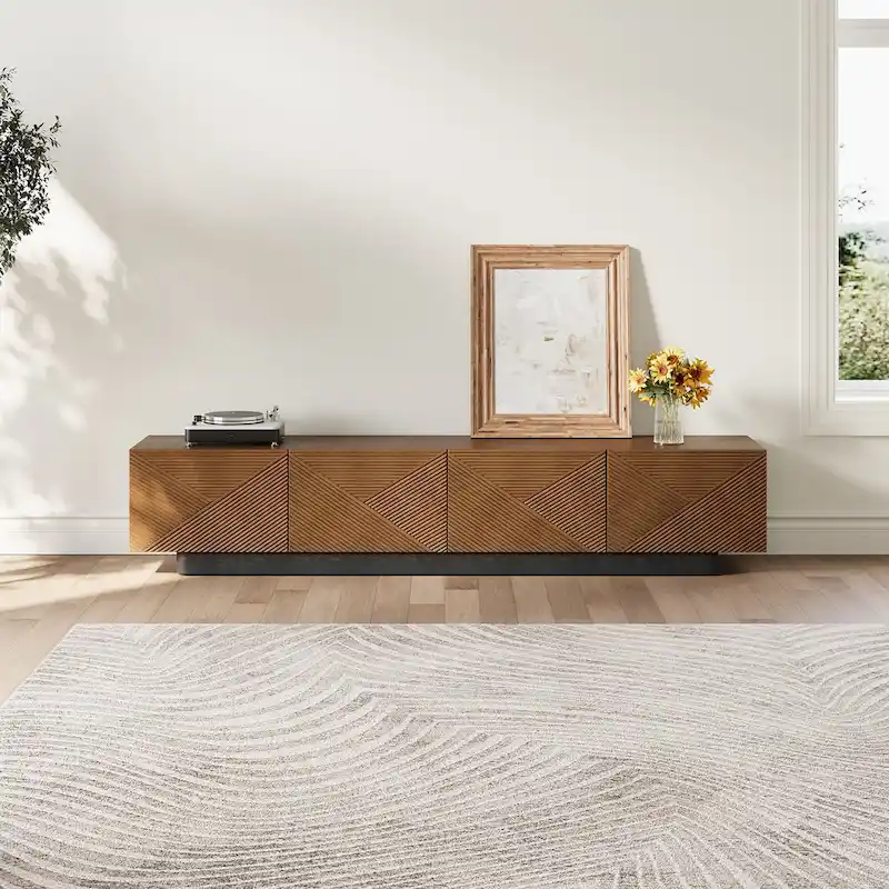 78.74 Mid Century Modern TV Stands, with Brown Solid Wood Veneer, Media Consoler with 4 Cabinets