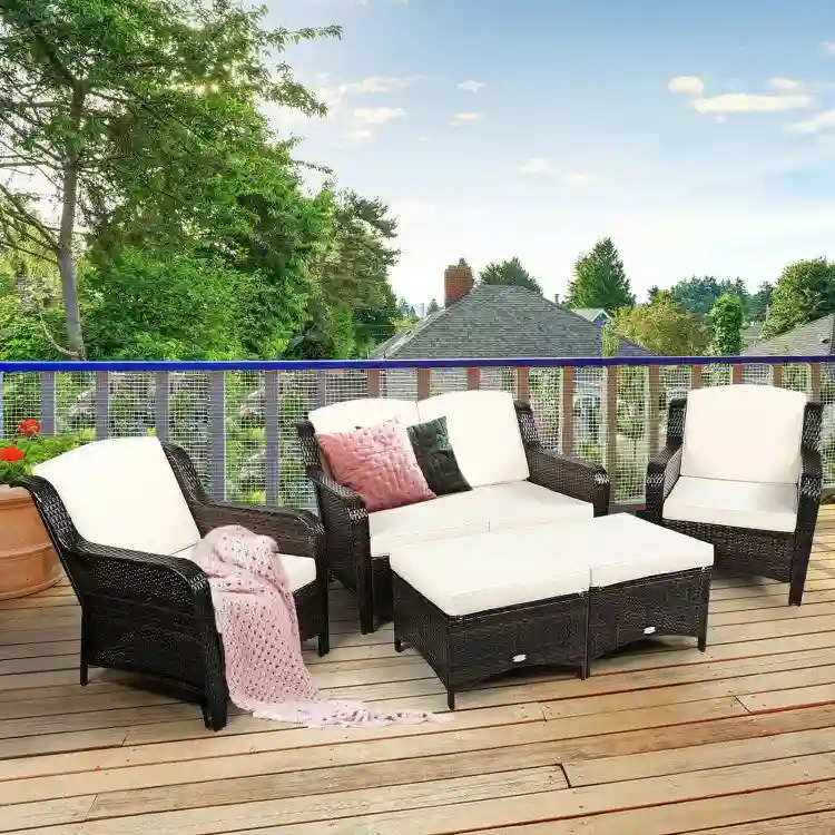 5 Pieces Patio Rattan Sofa Set with Cushion and Ottoman - 51 x 33.5 x 33 (L x W x H)