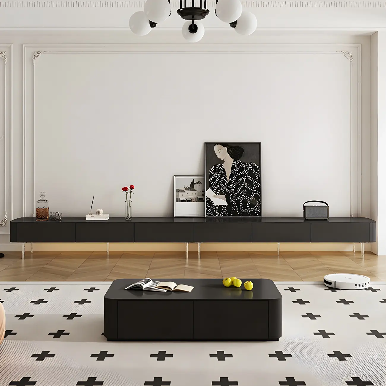 87 Modern Black Wooden Long TV Stand with Drawers