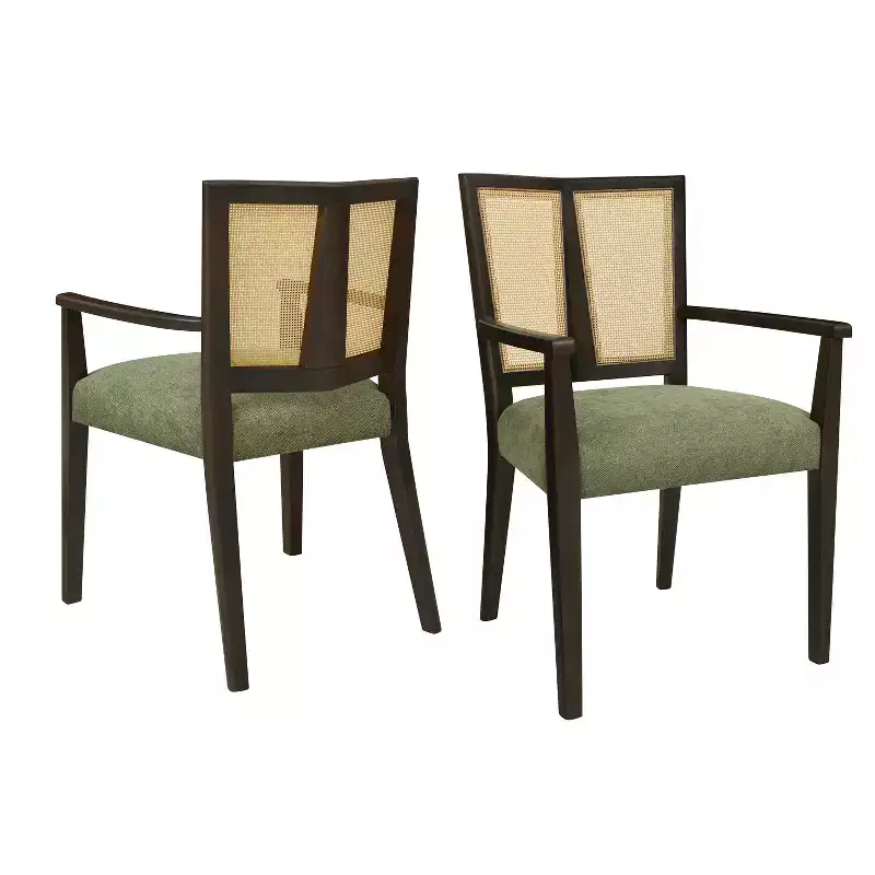 Beige/Dark Brown Upholstered Dining Arm Chairs with Rattan Back, Set of 2